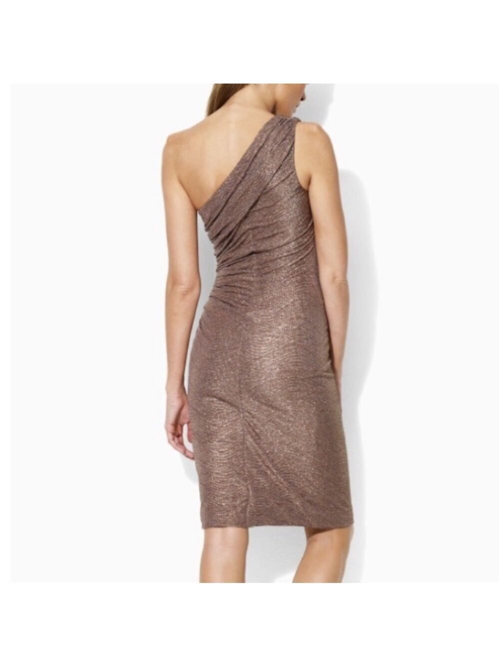 Lauren Ralph Lauren Metallic Bronze One Shoulder Dress Size 12 Ruched Cocktail - Picture 3 of 8